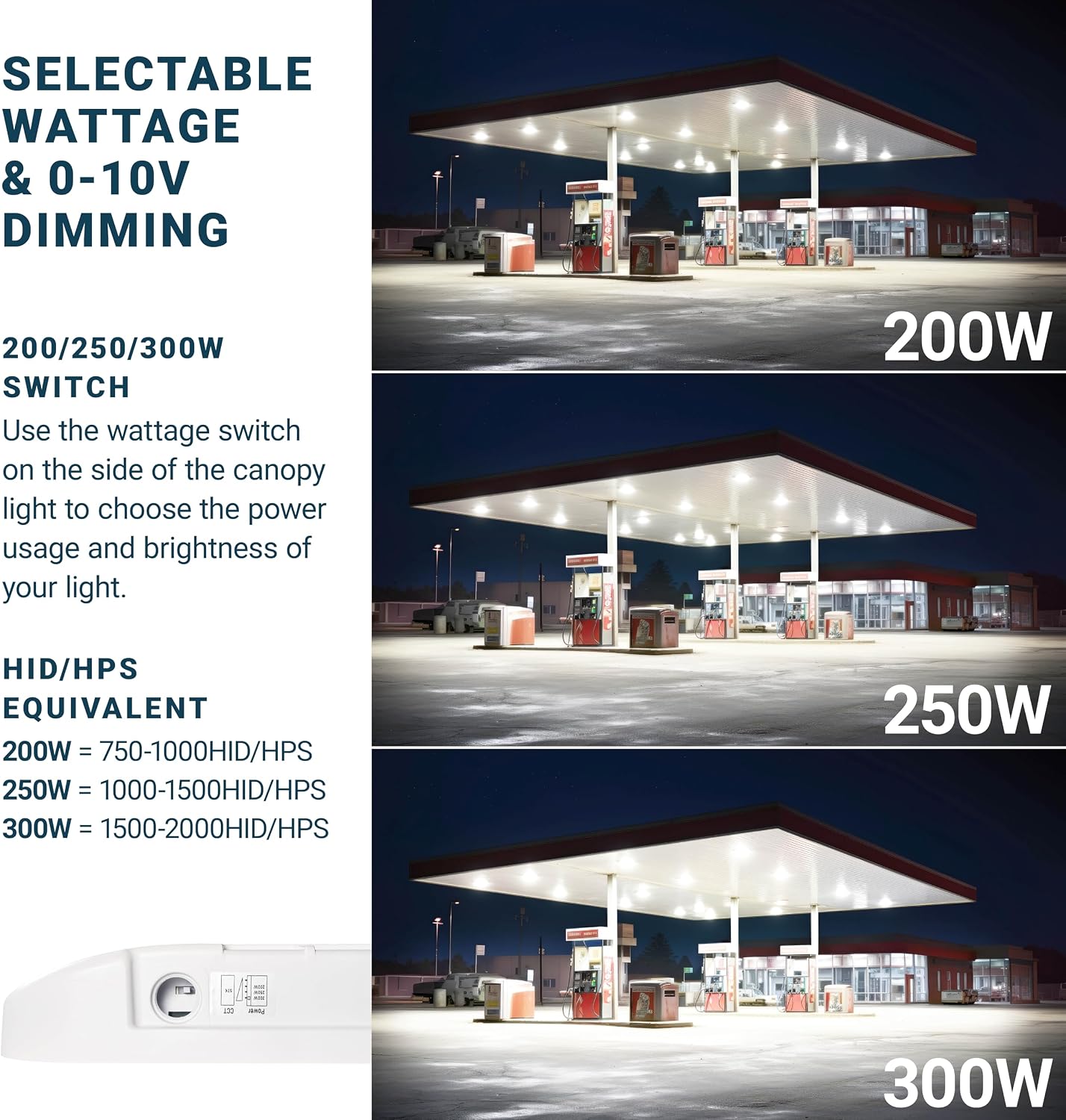 Parmida LED Canopy Light, Wattage Selectable (200/250/300W), ETL, 0-10V Dimmable, 100-277VAC, IP65 Waterproof, 5700K, 16.5' x 16.5', Gas Station, Garage, Street, Outdoor Lighting, Commercial Grade
