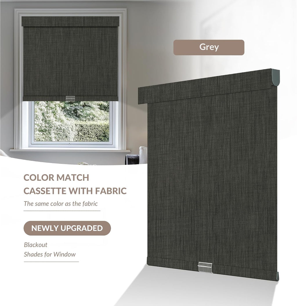 Boolegon Cordless Blackout Roller Shades for Windows, Free-Stop Linen Shades with Valance, Thermal Insulated Fabric, UV Protection Roller Blinds for Home, Office (Grey, 70' W x 60' H)