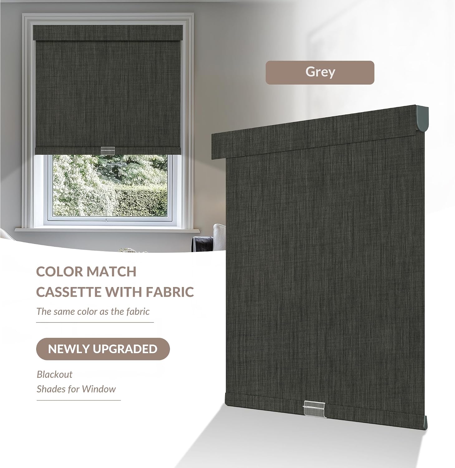 Boolegon Cordless Blackout Roller Shades for Windows, Free-Stop Linen Shades with Valance, Thermal Insulated Fabric, UV Protection Roller Blinds for Home, Office (Grey, 70' W x 60' H)