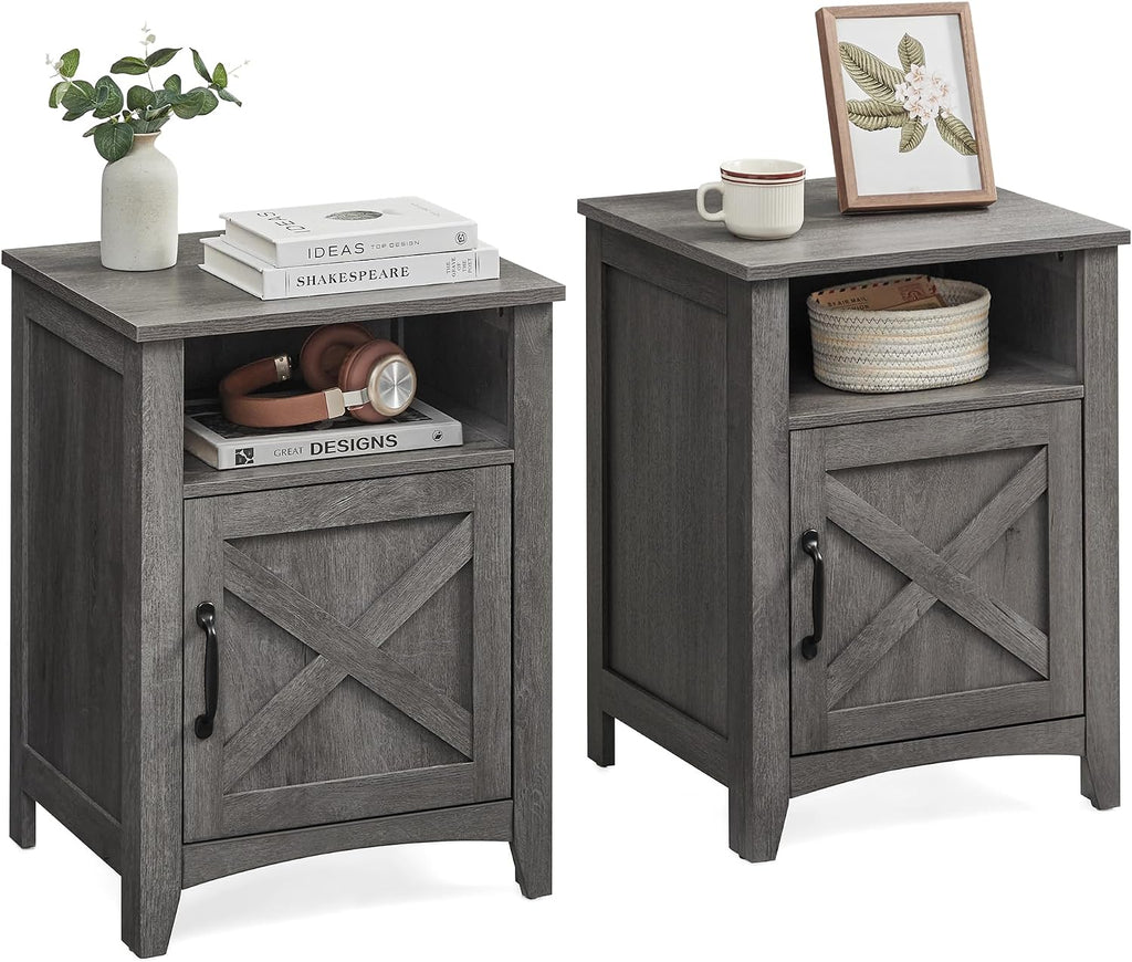 VASAGLE LIRY Collection - Farmhouse Nightstand with Barn Door, Set of 2, Bedside Table with Storage, Side End Table, Night Stand, Open Compartment, for Bedroom, Misty Gray ULET809G68