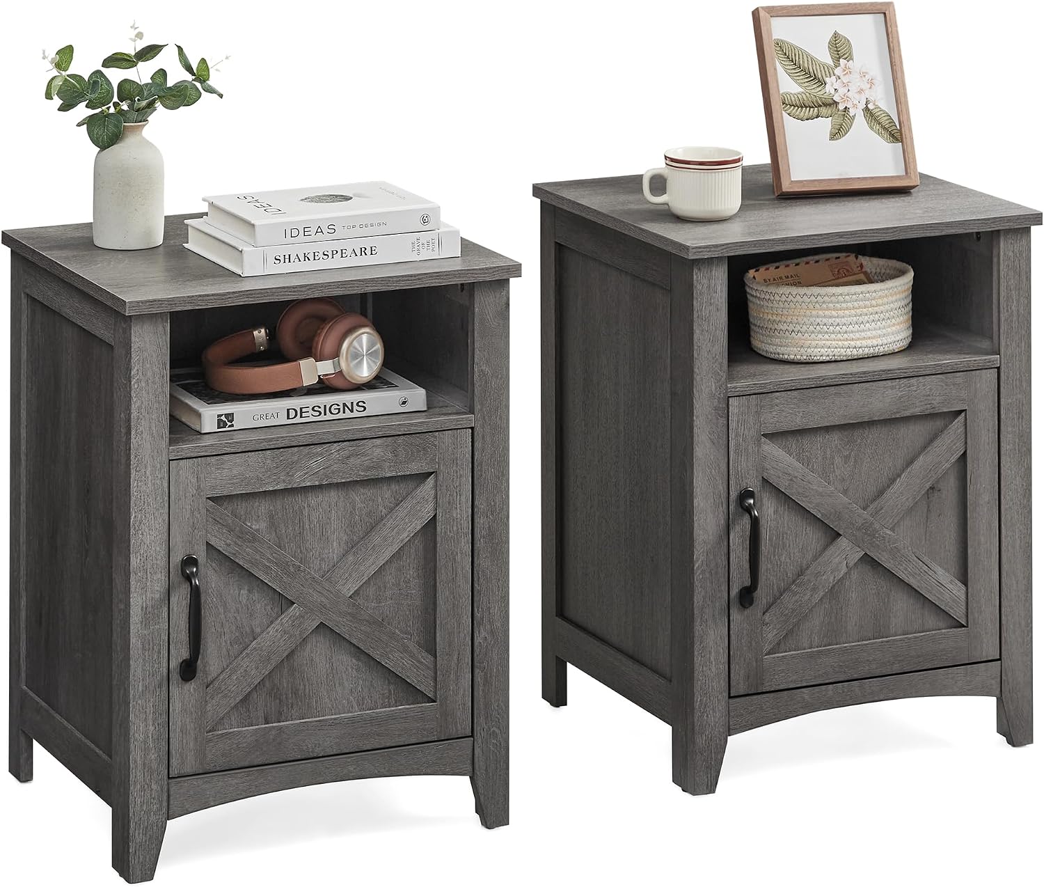 VASAGLE LIRY Collection - Farmhouse Nightstand with Barn Door, Set of 2, Bedside Table with Storage, Side End Table, Night Stand, Open Compartment, for Bedroom, Misty Gray ULET809G68