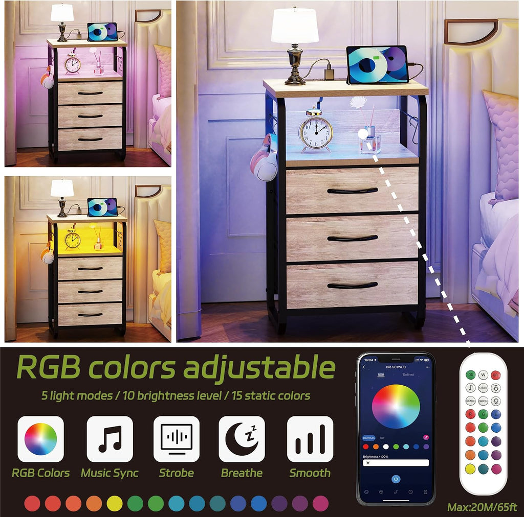 runjuly Night Stand Set 2 with LED Lights, Nightstands with Power Outlets and Type C Port, Large End Tables with 3 Fabric Drawers, Matching Bedside Table with Storage for Bedroom Teen Room, Greige