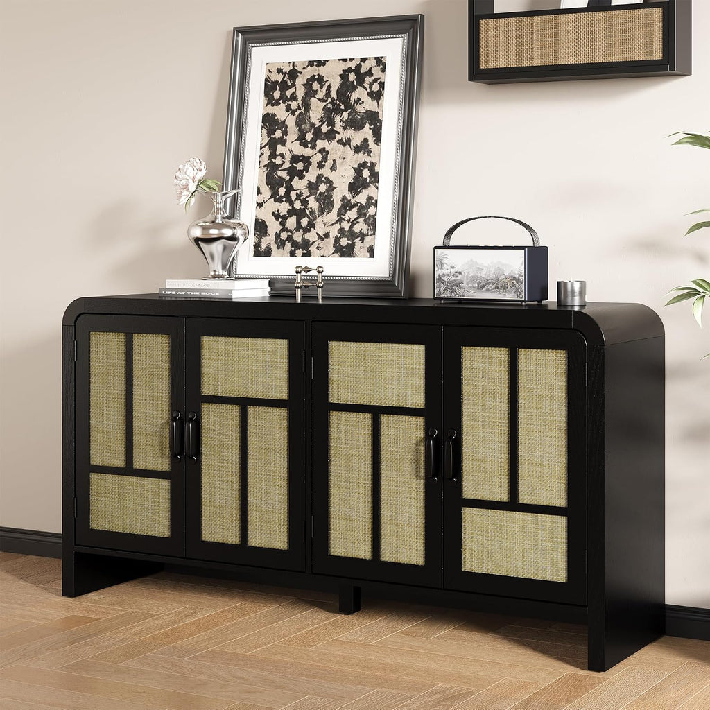 RoyalCraft Buffet Cabinet with Storage Sideboard Accent Farmhouse Credenza with 4 Doors & Shelves Rattan 59' Media Console Boho Coffee Bar Table for Living Room Kitchen Dining Room Hallway