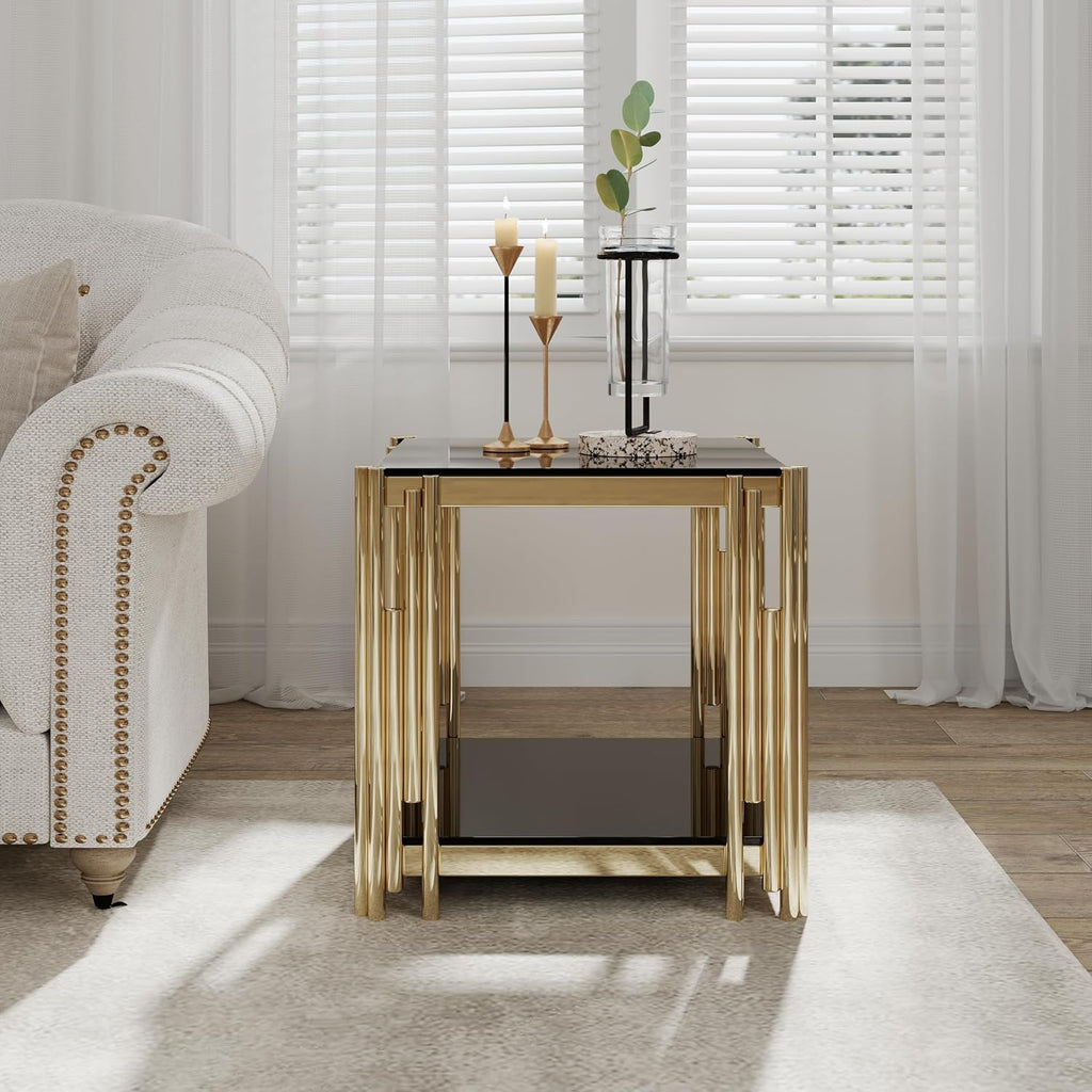 JIJIWANG 22' Small Square End Table, Side Table with Double-Layer Tempered Black Glass & Gold Stainless Steel Frame for Bedroom Living Room, Easy to Assemble Black