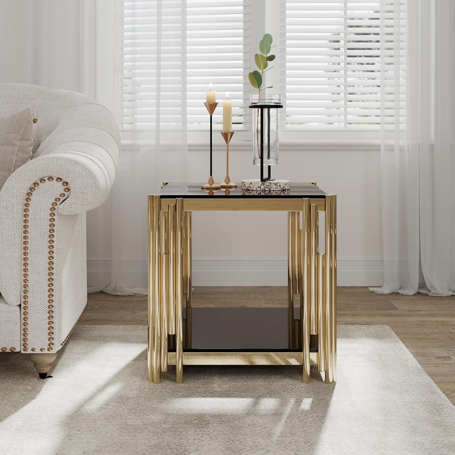 JIJIWANG 22' Small Square End Table, Side Table with Double-Layer Tempered Black Glass & Gold Stainless Steel Frame for Bedroom Living Room, Easy to Assemble Black