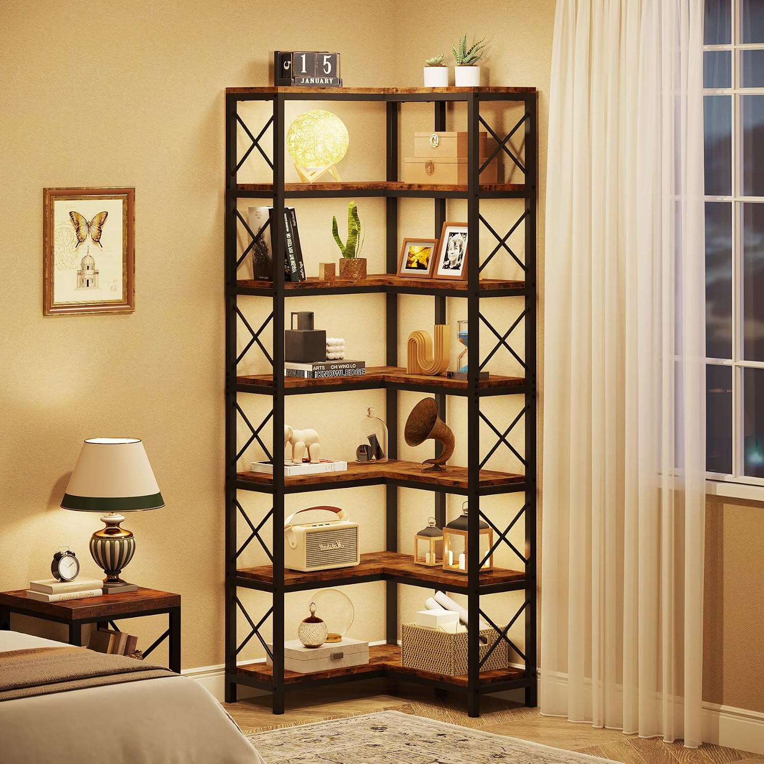 Tribesigns 7-Tier Corner Bookcase, Industrial Large Corner Bookshelf, 7-Shelf Tall Shelf Storage Display Rack with Metal Frame for Living Room Home Office, Rustic Brown