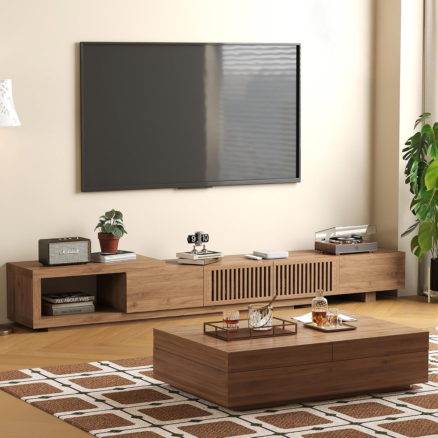 Mid-Century Modern Expandable Coffee Table & TV Stand Set, Walnut Finish – Elegant Storage Combo for Living Room, Bedroom, or Lounge (78.54' to 103' TV Stand+Coffee Table)