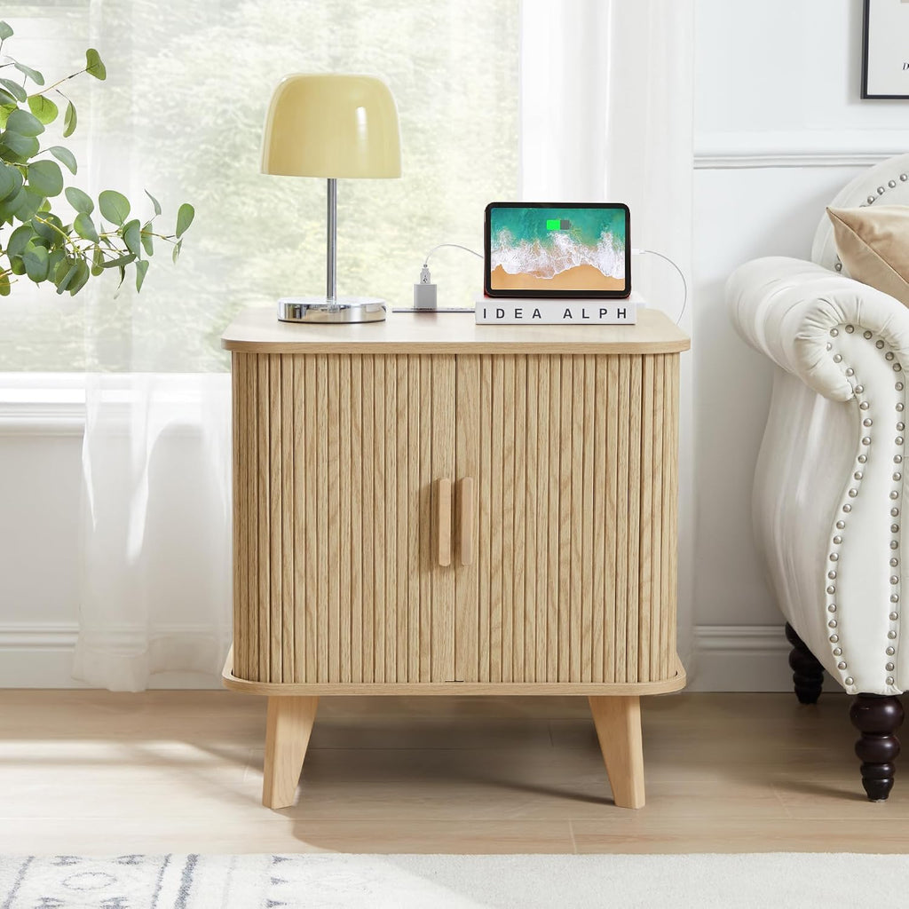 End Table with Charging Station, 24' Fluted Night Stands with Sliding Door, Farmhouse Large Wooden Side Table with Storage for Bedroom Living (Square, Natural)