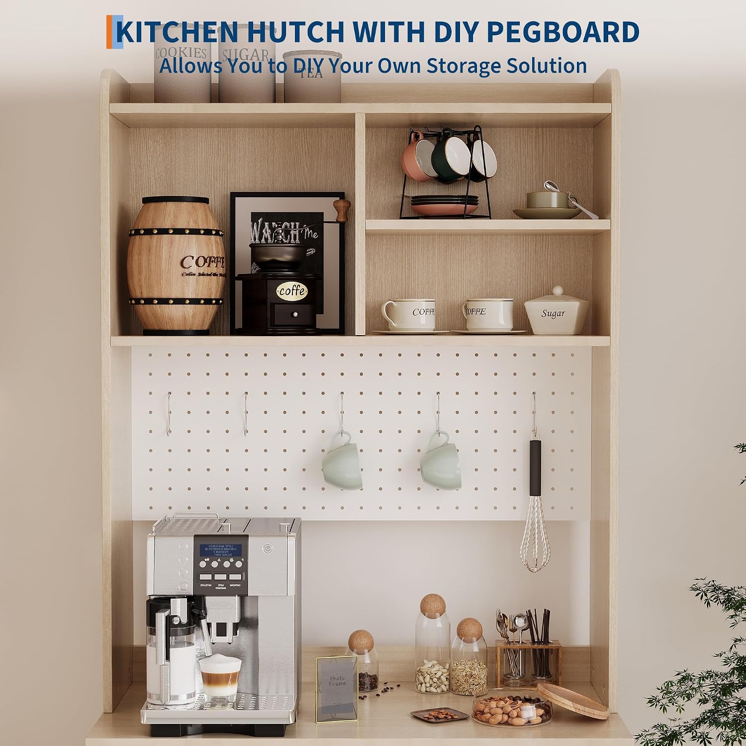71' Tall Pantry Cabinet with 2 Glass Doors, Freestanding Kitchen Storage Cabinet with Open Storage & Adjustable Shelves, Modern Farmhouse Cupboard Coffee Bar for Dining Room, Living Room, Natural