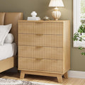 Fluted Nightstand, 31.5' Wide Side Table with 4 Large Storage Drawers, Mid Century Modern Wood Night Stand with Metal Handle, Wooden Bedside End Table for Bedroom, Living Room, Closet, Natural Oak