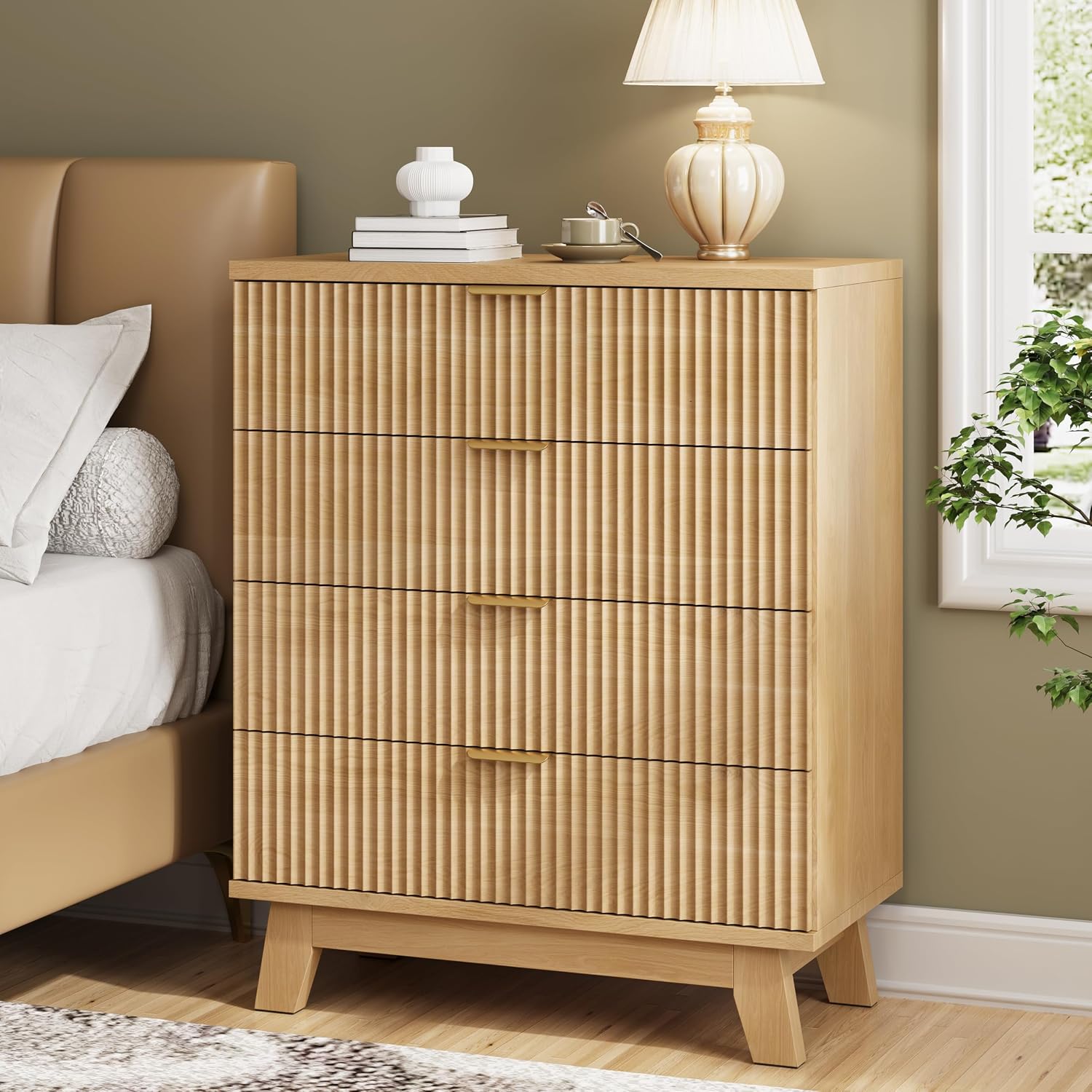 Fluted Nightstand, 31.5' Wide Side Table with 4 Large Storage Drawers, Mid Century Modern Wood Night Stand with Metal Handle, Wooden Bedside End Table for Bedroom, Living Room, Closet, Natural Oak