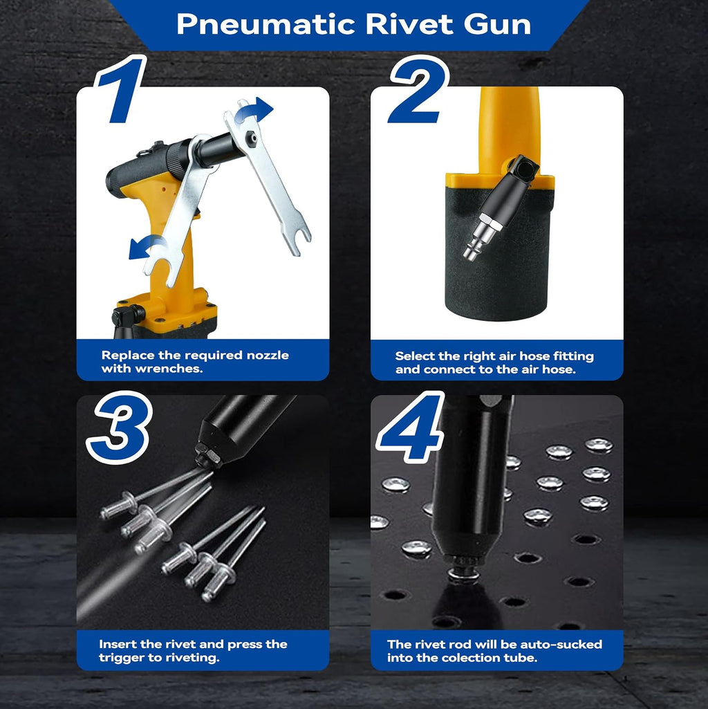 Self-Suction Pneumatic Rivet Gun Kit, Industrial Air Hydraulic Pop Riveter with 5 Nozzles (3/32'–1/4'), 4000LBF Heavy Duty Riveting Tool for Automotive, Construction & Manufacturing