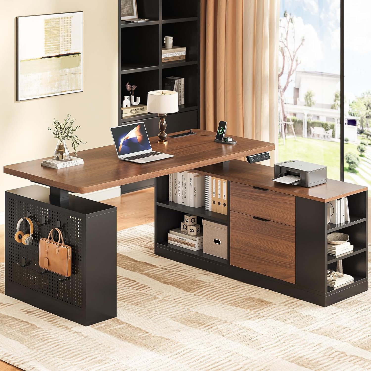 UPOSOJA L Shaped Standing Desk Adjustable Height, 53' Electric Office Desk with File Drawers & Storage Shelves, Sit Stand Corner Computer Desk with Power Outlets, Pegboard, 6 Hooks, Black & Walnut