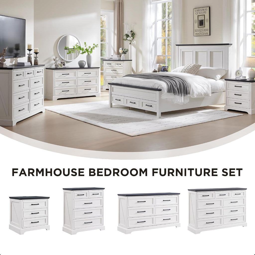ACCOHOHO Farmhouse Nightstands Set of 2, 22 Inch Wide End Table with Charging Station & 3 Large Drawers, Rustic Wood Small Dresser Chest of Drawers for Bedroom, Living Room, Off White