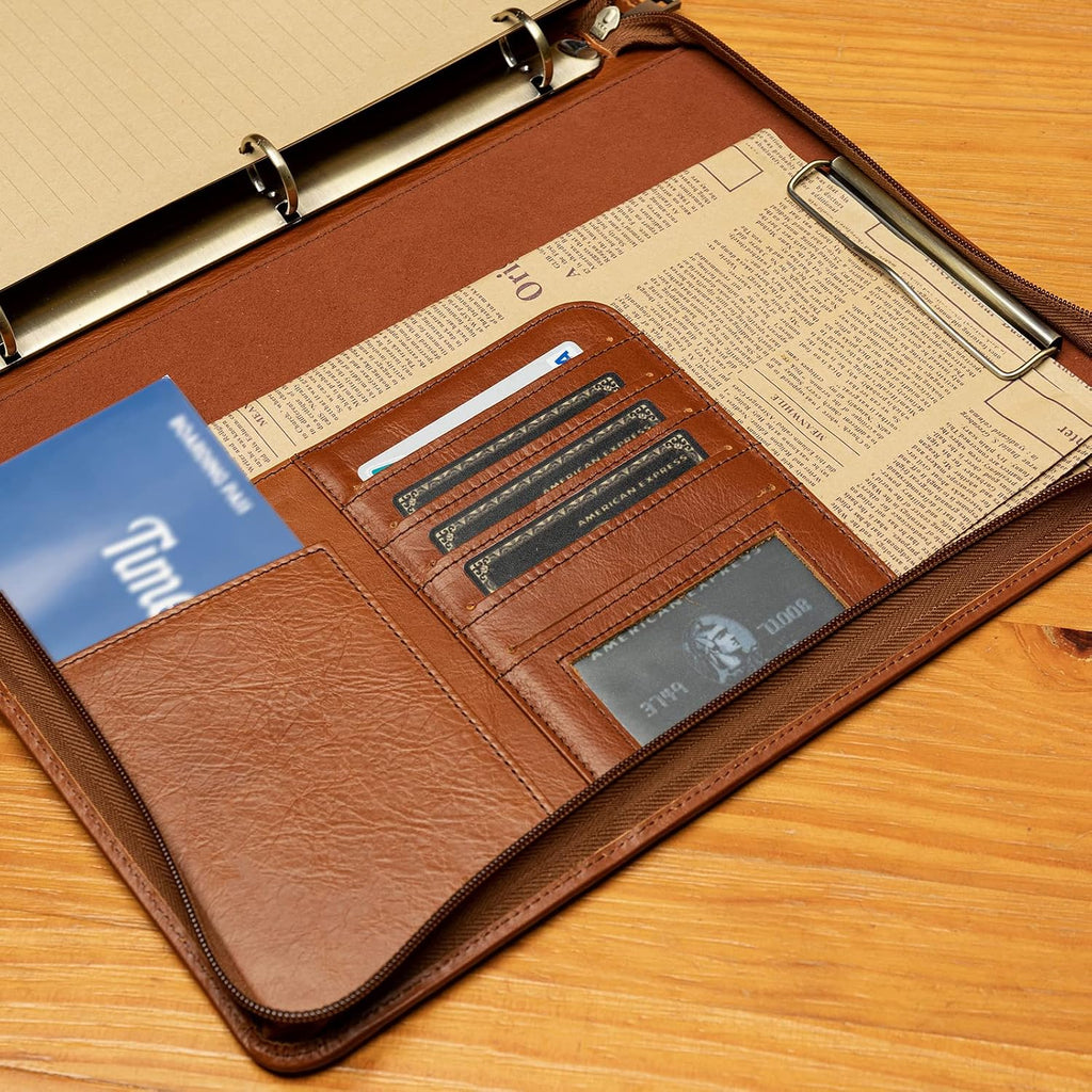 YIWEN Personalized Leather Portfolio with Handle, 3 Ring Binder, Zippered Padfolio for 13' Tablet, 8.5 x 11 Notepad, Professional Business Document Organizer (Brown, Oil Wax Leather)