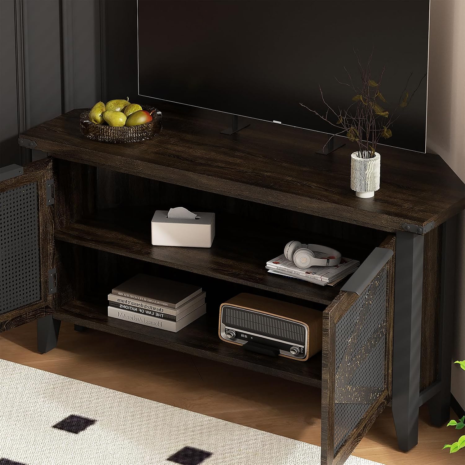 VFK Farmhouse Corner TV Stand for 50 Inch TV, Rustic Entertainment Center with Storage, Space-Saving Media Console Table for Living Room & Bedroom