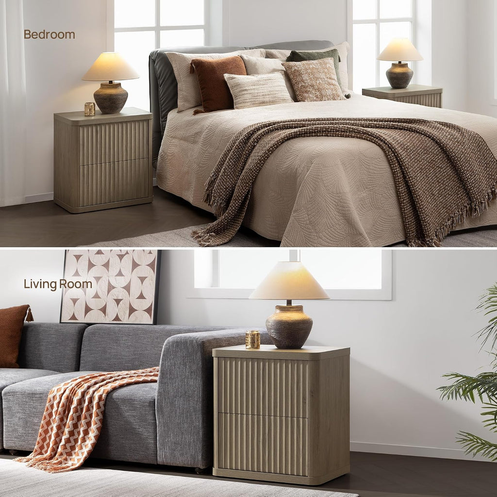 SICOTAS Night Stand Set of 2 Nightstands with 2 Drawers Storage Bedside Table Large Fluted Bed Side End Table Modern 24.4' Tall Wide Night Stands for Bedroom Living Room Sofa Couch Office, Grey Alder