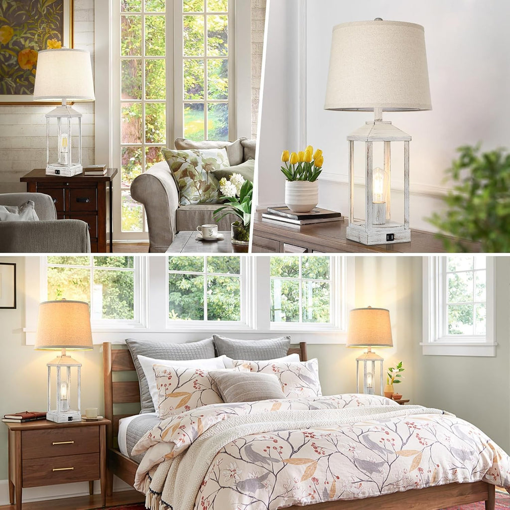 28' Farmhouse Table Lamps for Living Room Set of 2, 3-Way Dimmable Bedside Lamp with USB Ports, White Rustic Touch Control Nightstand Lamps for Bedroom, Modern Desk Lamp for Office, 4 Bulbs Included