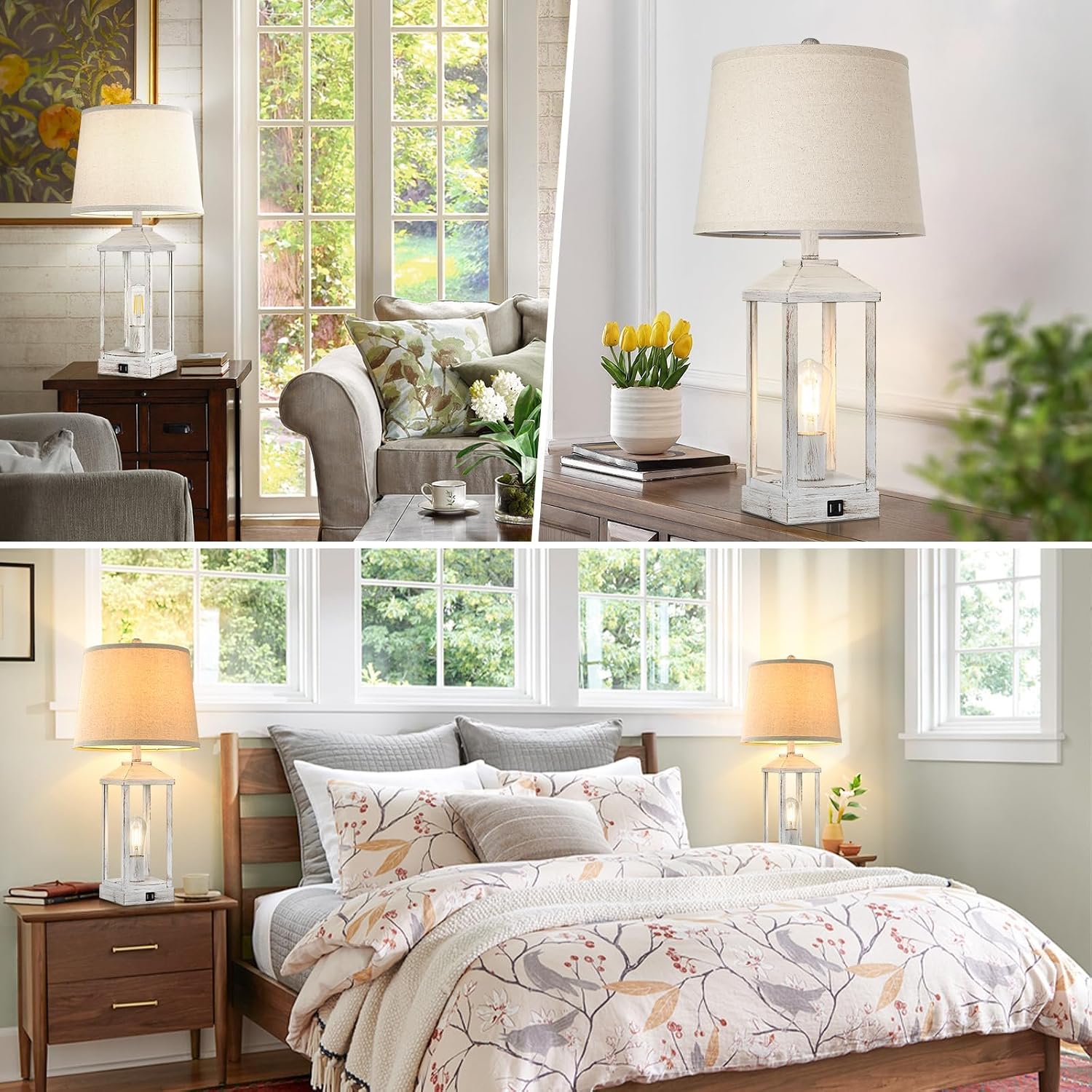 28' Farmhouse Table Lamps for Living Room Set of 2, 3-Way Dimmable Bedside Lamp with USB Ports, White Rustic Touch Control Nightstand Lamps for Bedroom, Modern Desk Lamp for Office, 4 Bulbs Included
