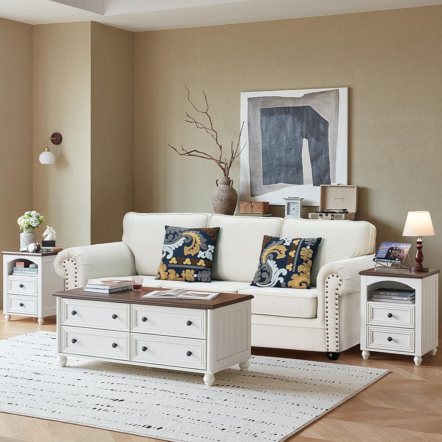 RWYHG 18' Farmhouse Night Stand with Charging Station, White Wood Nightstand with 2 Drawers, Bedside End Table with Shelf Storage, Bed Side Tables Cabinet for Bedroom, Living Room, and Closet