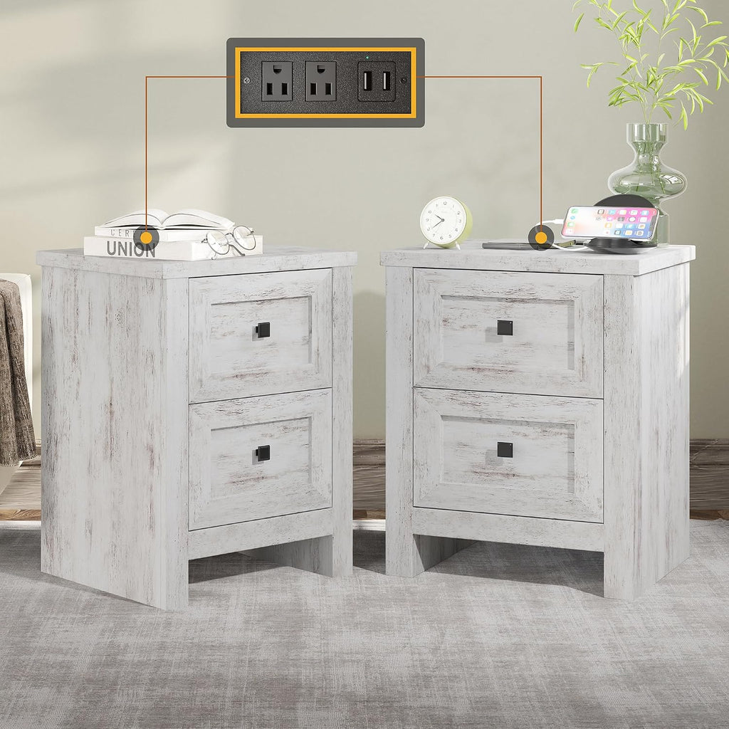 AMERLIFE Large Nightstand Set of 2 with Charging Station, Bedside Table with USB Ports and Outlets, Farmhouse Wood End Table for Bedroom, Distressed White