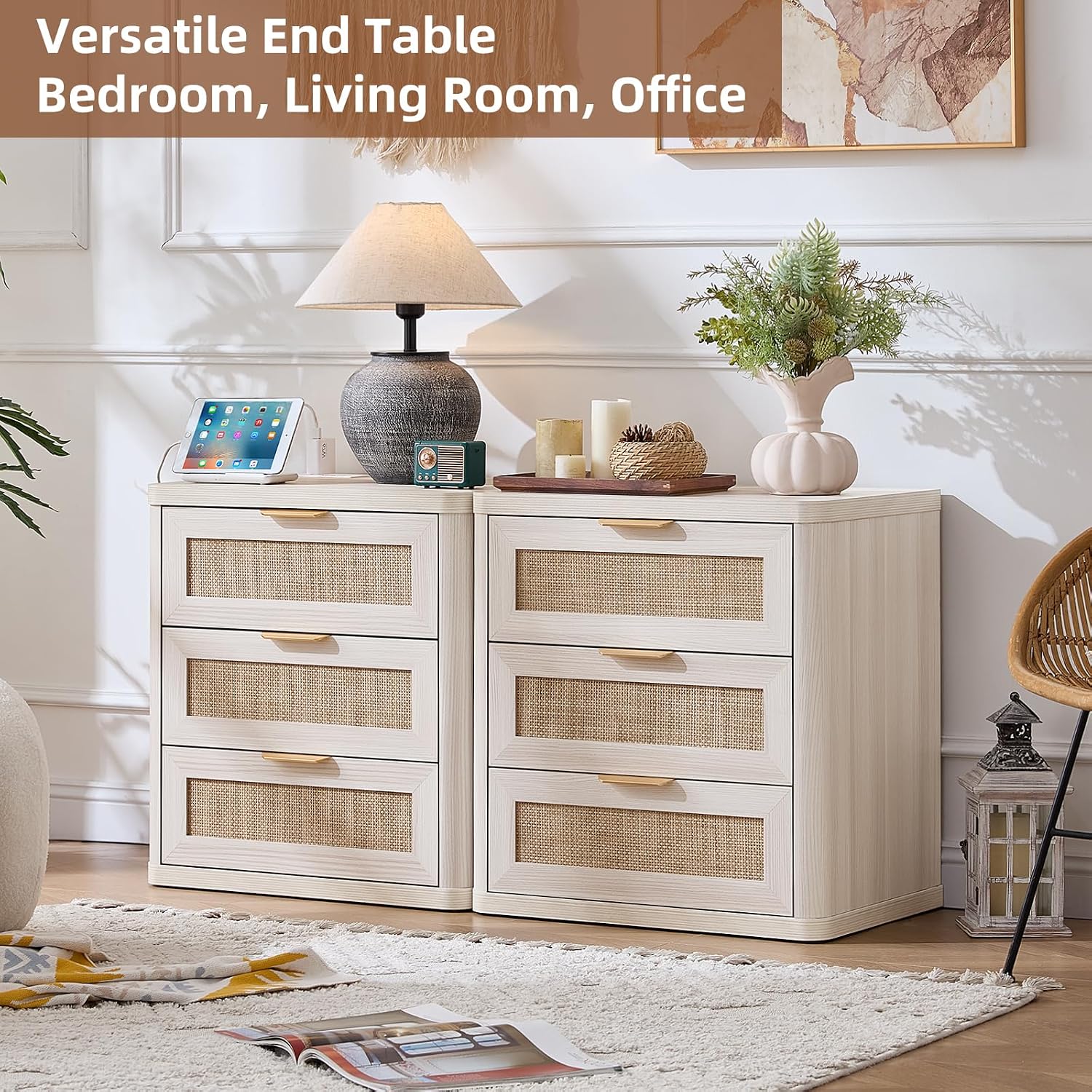LEYAOYAO Rattan Night Stand Set of 2 with Charger Station, 23' Large 3 Drawer Boho Nightstand, Grey White Bedside Table Storage Cabinet, Bed Side End Tables for Bedroom, Living Room, Hallway