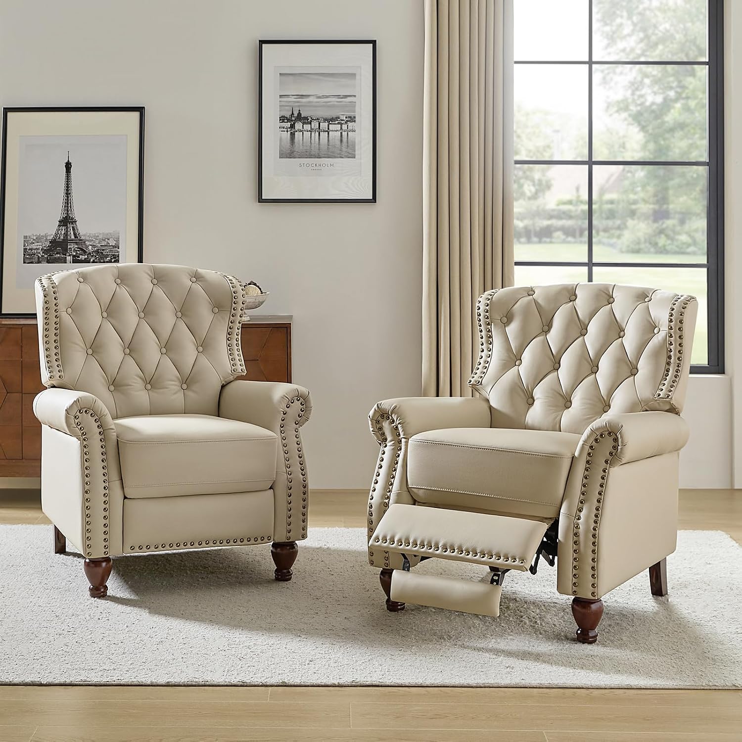 HULALA HOME Genuine Leather Recliner Chair Set of 2 w/Solid Wood Feet, Modern Adjustable Tufted Push Back Arm Chair w/Rivet Decoration, Home Theater Seating Reclining Sofa for Living Room, Beige