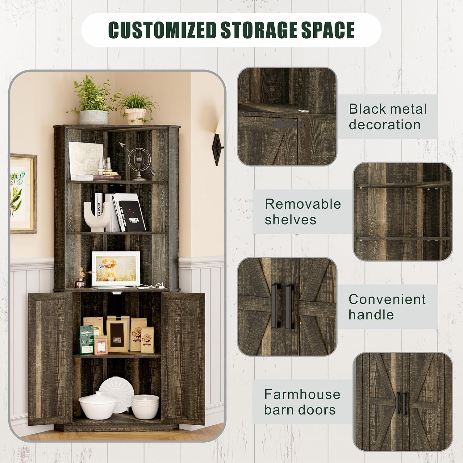 FREDEES Tall Corner Cabinet with LED Light, Farmhouse Bathroom Cabinet with 2 Doors and 3 Tier Shelves, Free Standing Corner Storage Cabinet for Laundry Room, Living Room or Kitchen, Rustic Brown
