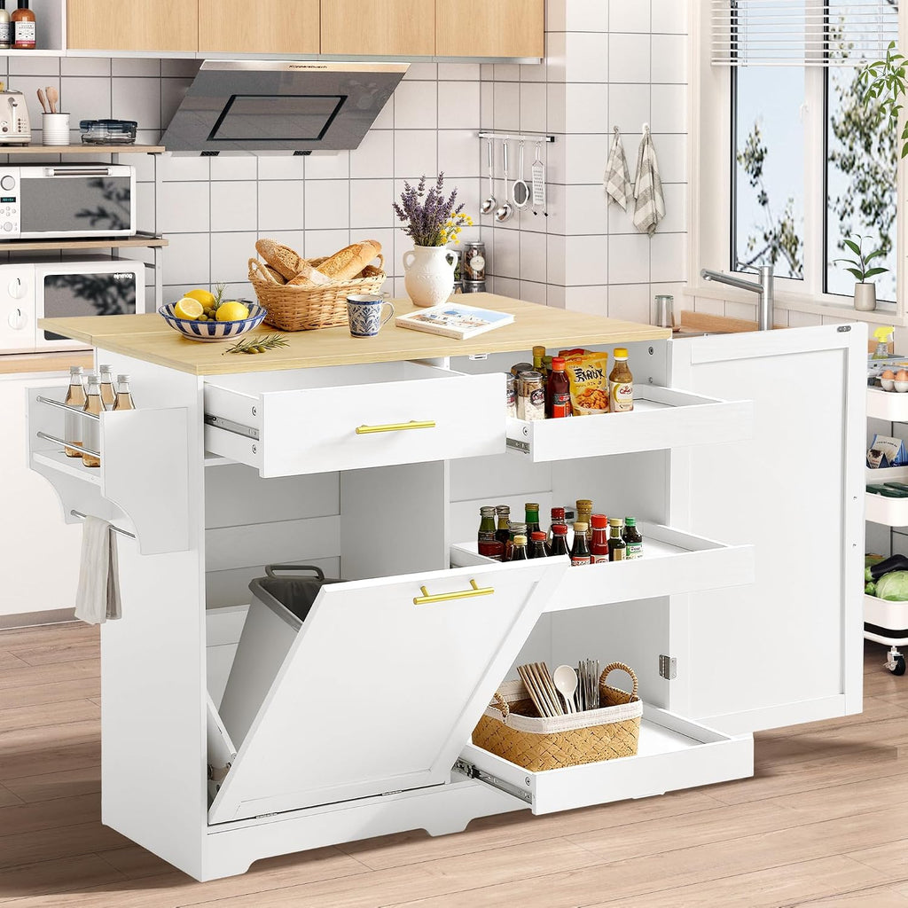 48' Kitchen Island with Trash Can Storage & Drop Leaf, Rolling Kitchen Island Table Cart with Spice/Towel Rack, Portable Kitchen Cabinet Bar Carts on Wheels with Drawer for Dining Room (White)