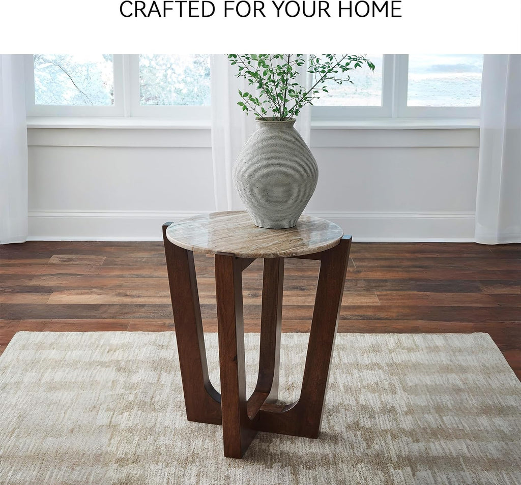 Signature Design by Ashley Tanidore Casual Marble Tabletop End Table with Cross Legs, Light Brown & Dark Brown