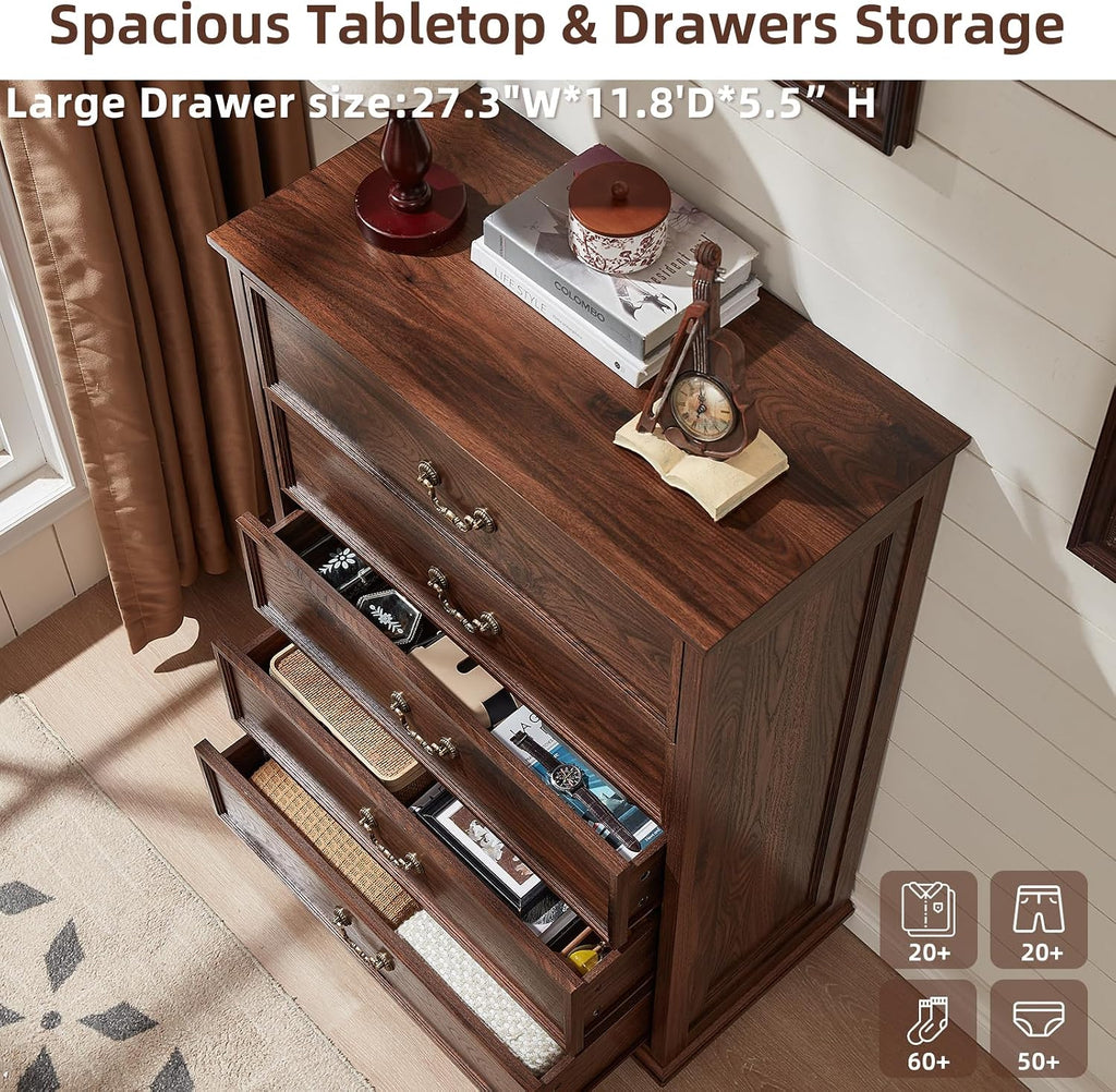 Joaxswe Farmhouse 5 Drawer Dresser Set of 2 for Bedroom, 45' Tall Rustic Chests of Drawers w/ 4 Solid Wood Feet, Mid Century Vintage Wooden Closet Storage Dressers Organizer for Living Room, Brown