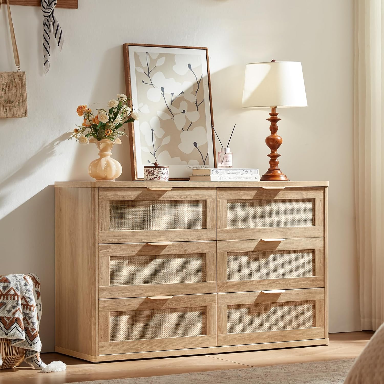 LEYAOYAO Rattan 6 Drawer Dresser for Bedroom, Boho 48' Wide Natural Wood Dresser Chest of Drawers, Dressers TV Stand with Metal Handle, Storage Dressers Closet Organizer for Living Room, Hallway