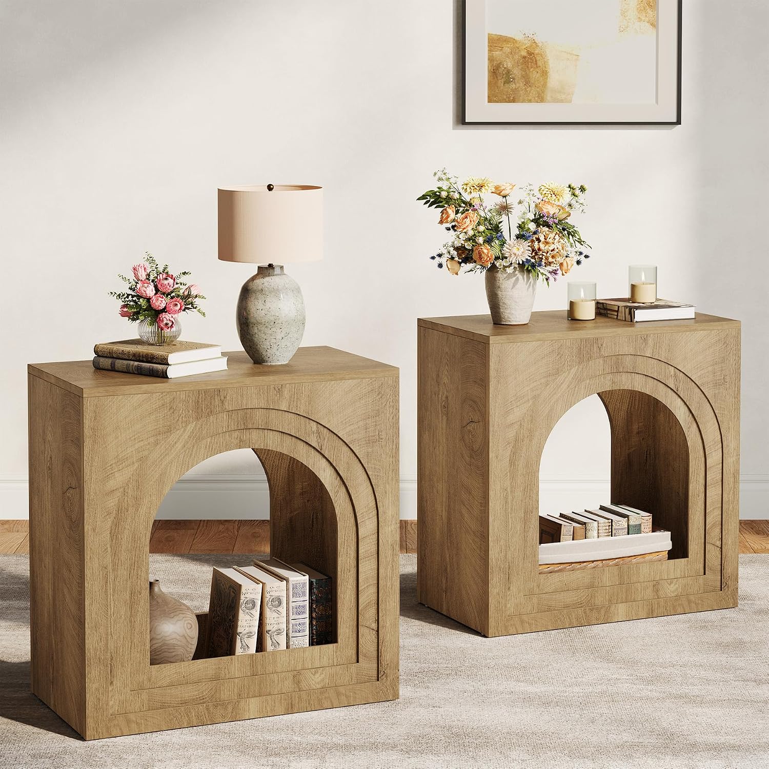 Tribesigns Square End Table, 2-Tier Farmhouse Side Table with Arched Open Shelf, Arched Narrow Nightstand for Small Spaces, Living Room, Bedroom, Natural (2)