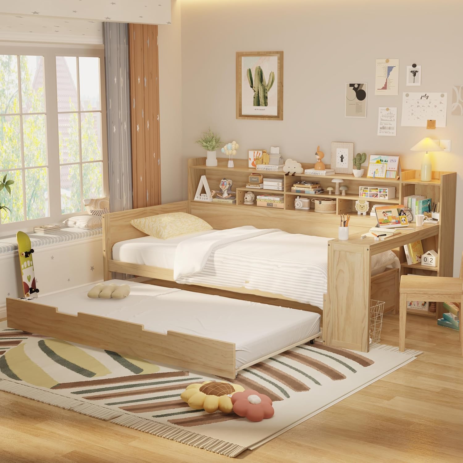 Harper & Bright Designs Twin Size Wooden Daybed with Storage Shelves, Multi-Functional Corner Bed Frame with Twin Size Trundle Bed and Study Desk for Kids Teen, Natural