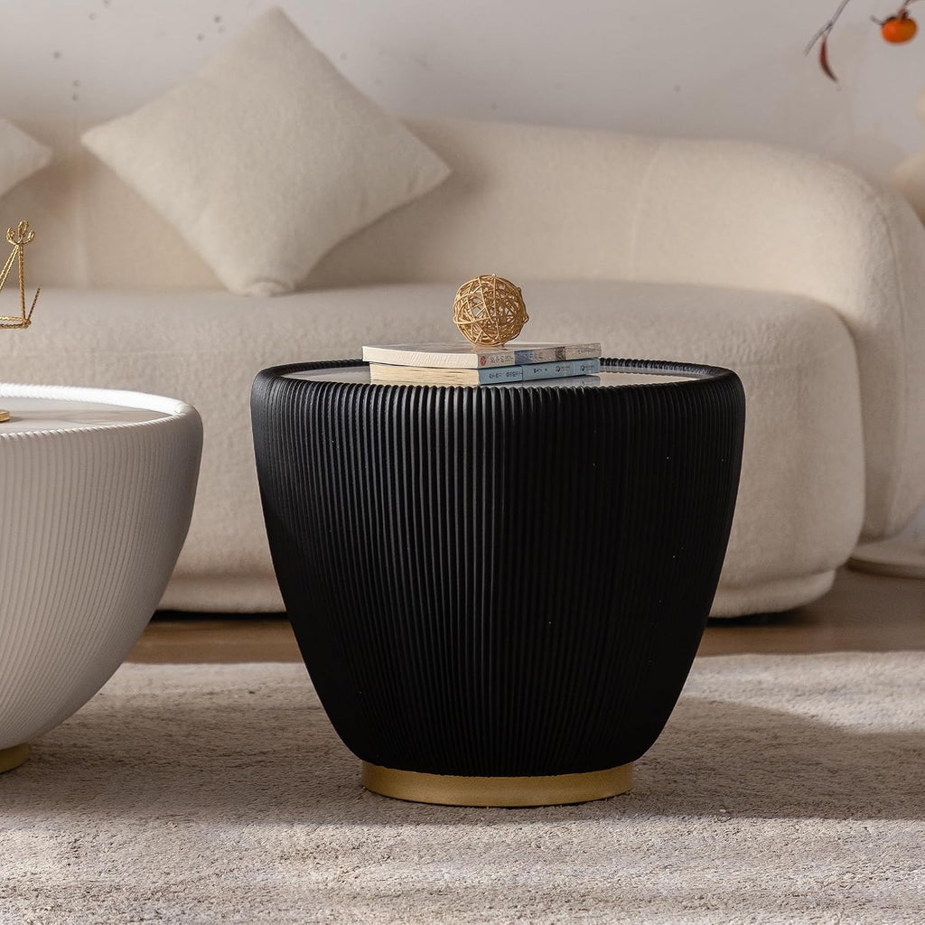Modern Round End Table Luxury Sintered Stone Top Coffee Table in Black Leatherette Creative Bowl-Shape Small Coffee Side End Table for Living Room Bedroom,Fully Assembled