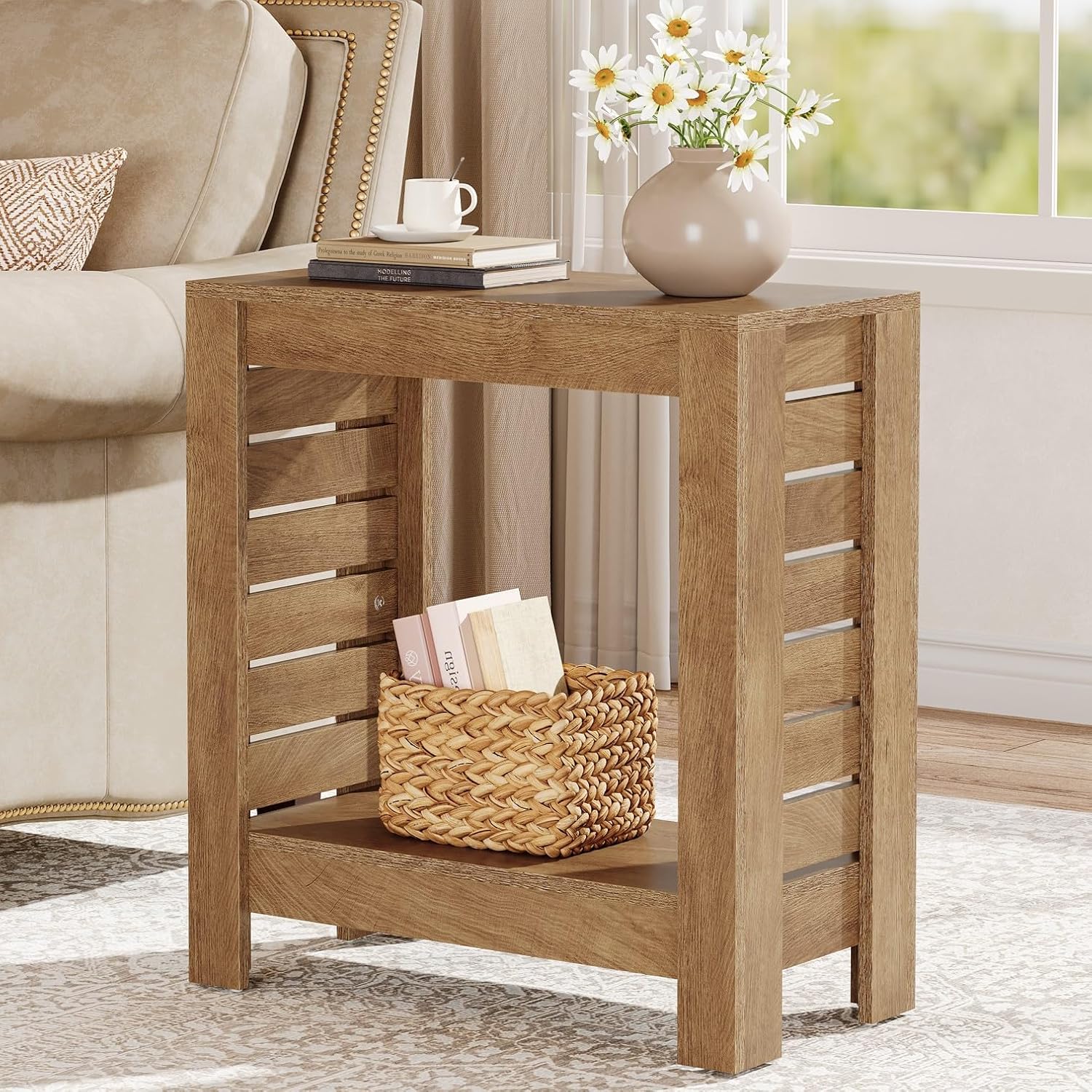 Tribesigns Narrow Side Table Set of 2, 2-Tier Farmhouse Wooden End Table with Storage Shelf, Skinny Accent Nightstand for Living Room, Bedroom and Office, Easy Assembly (2)