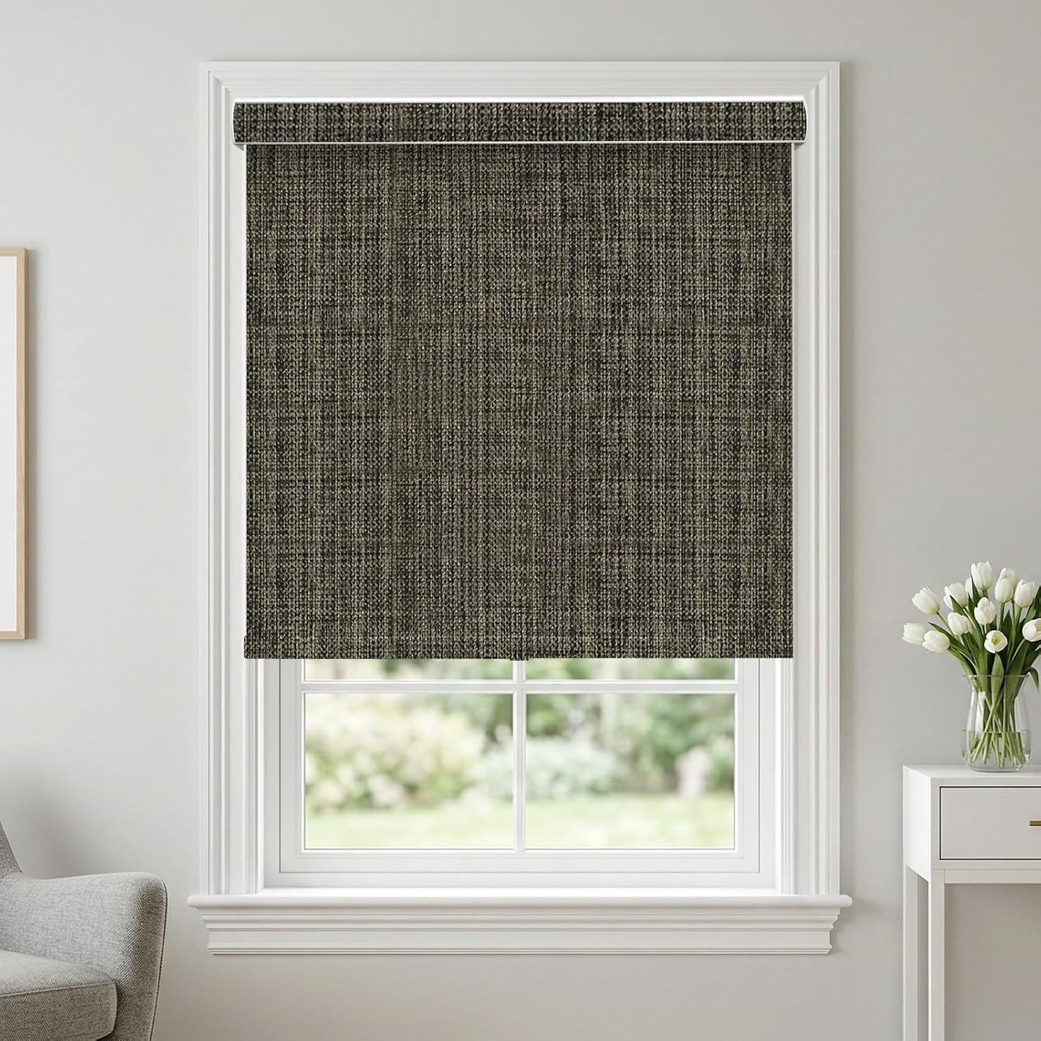 Blackout Roller Shades, Free-Stop Window Blinds with Valance, Room Darkening Thermal Insulated UV Protection Fabric for Home Office,Dark Brown 02