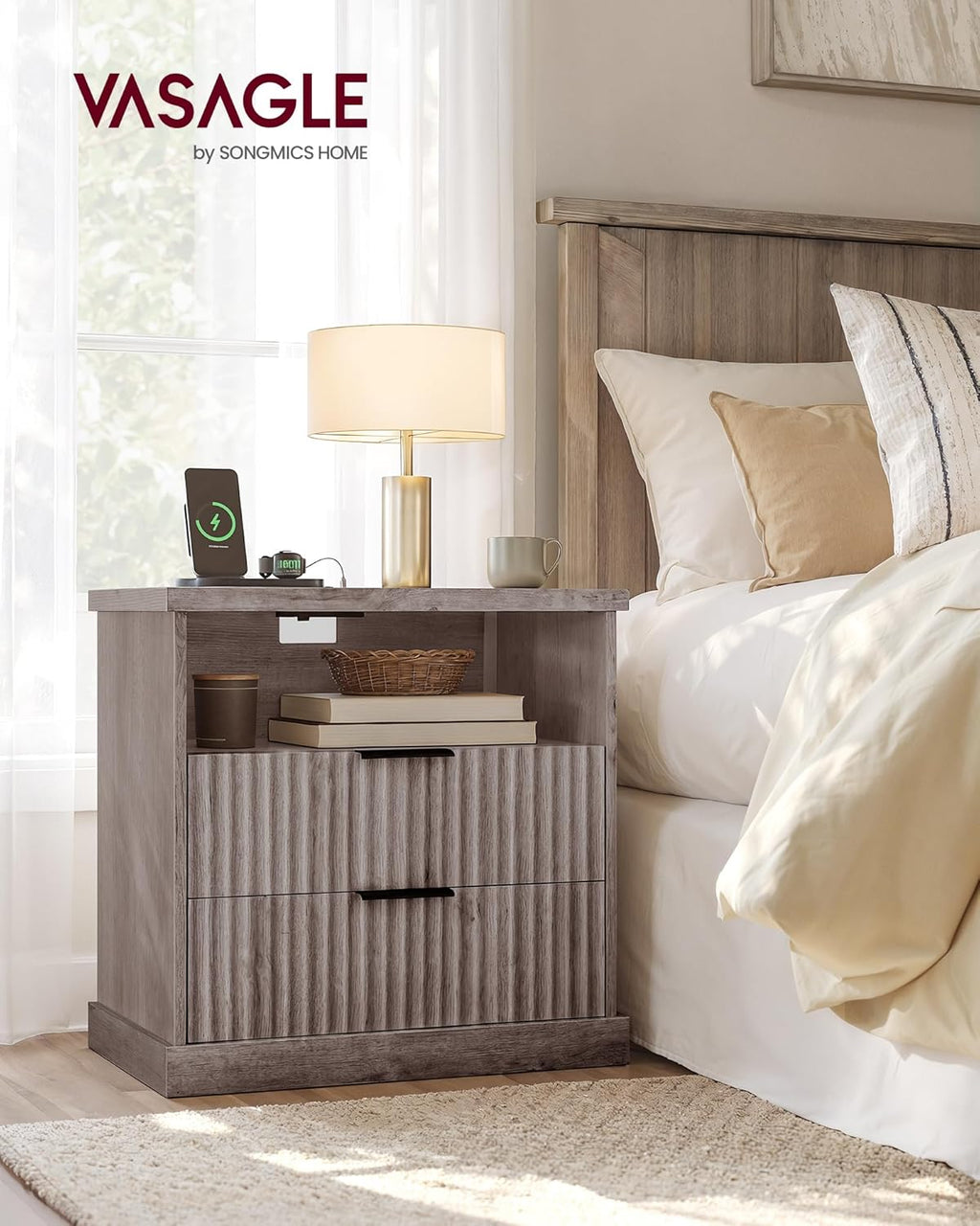 VASAGLE MAXE Collection - Set of 2 Nightstands with Charging Station, Fluted Night Stand, Bedside Table, Mid Century Modern Side End Table, 2 Drawers, 2 AC Outlets, 2 USB Ports, Washed Gray ULET926G01