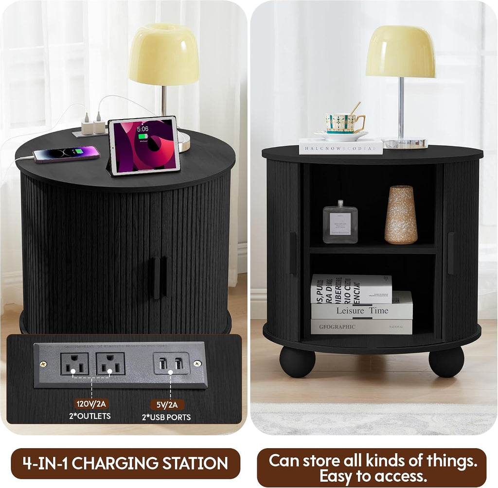Mid-Century Modern 24' Nightstand with Charging Station, Wood Round End Night Stand End Table with Storage & Sliding Door, Accent Side Tbale for Living Room Bedroom (Round, Black)