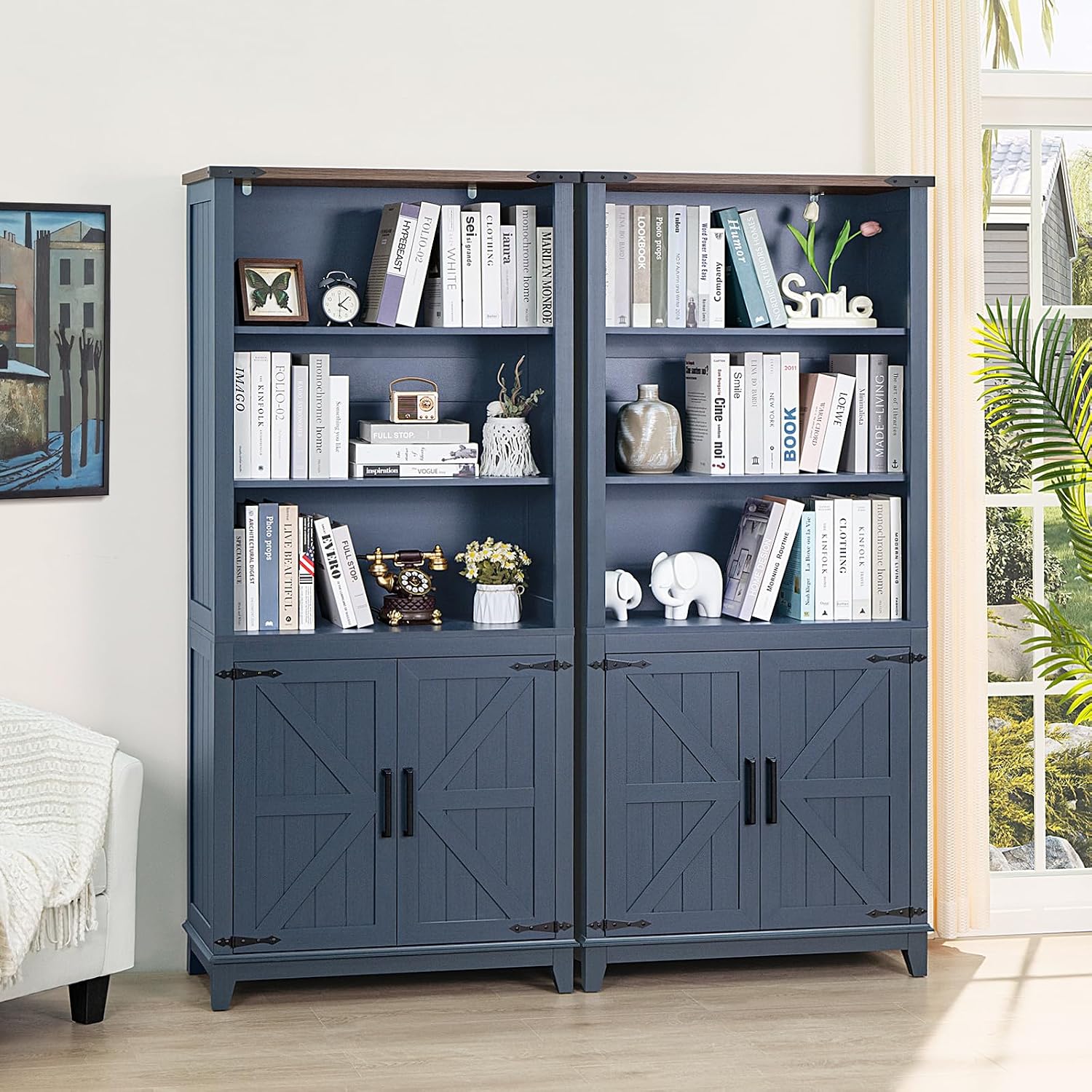 Joaxswe 70in Tall Bookshelf 5 Tier Bookcase with Barn Doors and Adjustable Shelves, Blue Farmhouse Book Shelf with Storage Cabinet, Wood Freestanding Display Bookshelves for Bedroom, Living Room | Bookcase