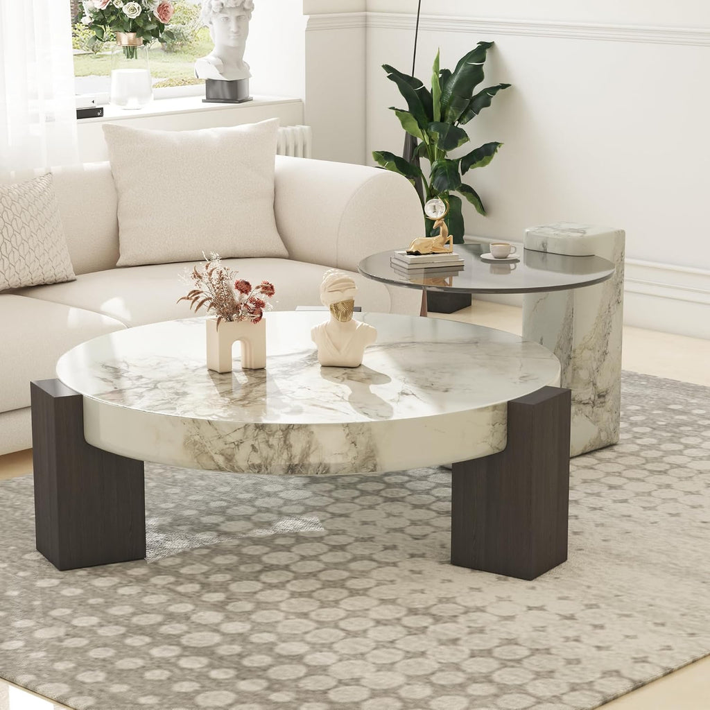 35.43' Modern Round Nesting Coffee Table Set of 2, Faux Marble Texture Surface & C Shape Side Table, Center Coffee Table for Living Room/Apartment/Farmhouse/Studio
