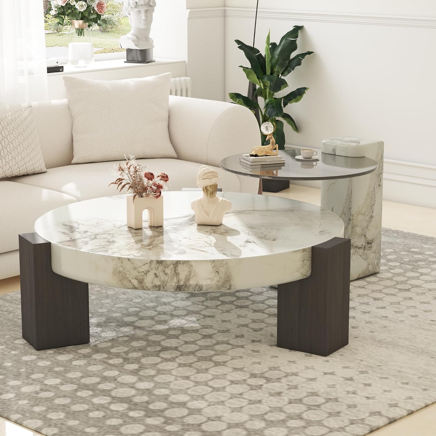 35.43' Modern Round Nesting Coffee Table Set of 2, Faux Marble Texture Surface & C Shape Side Table, Center Coffee Table for Living Room/Apartment/Farmhouse/Studio