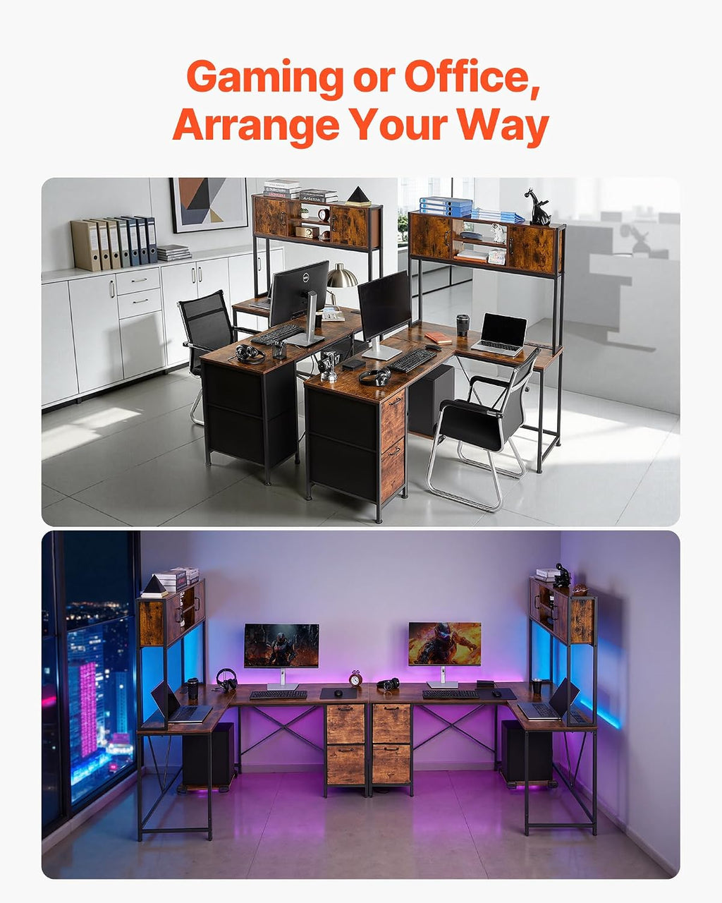 VEVOR L-Shaped Gaming Desk with LED Lights, 62.2-inch Reversible Corner Computer Desk with Power Outlets, Movable CPU Stand & Storage Drawers, Modern Stylish PC Gaming Table for Home Office