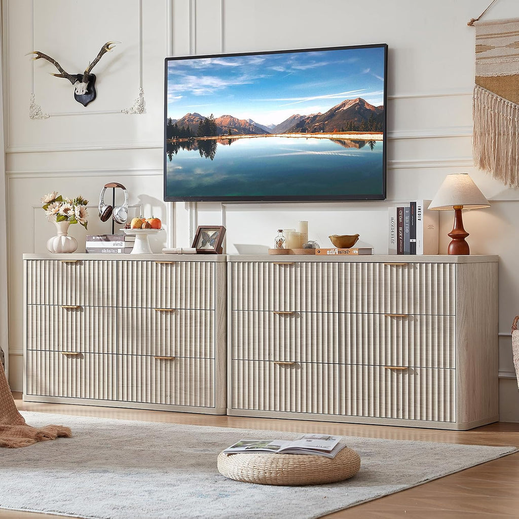 LEYAOYAO Fluted 6 Drawers Dresser Set of 2, 48' Wide Modern Chest of Drawers with Metal Handle, Light Grey Curved Profile Dresser TV Stand, Wooden Drawer Organizer for Bedroom, Living Room, Hallway