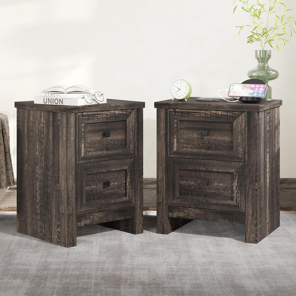 AMERLIFE Nightstand Set of 2 with Charging Station, Rustic Bedside Table with Drawers Storage, Farmhouse Wood Night Stand for Bedroom, Dark Oak