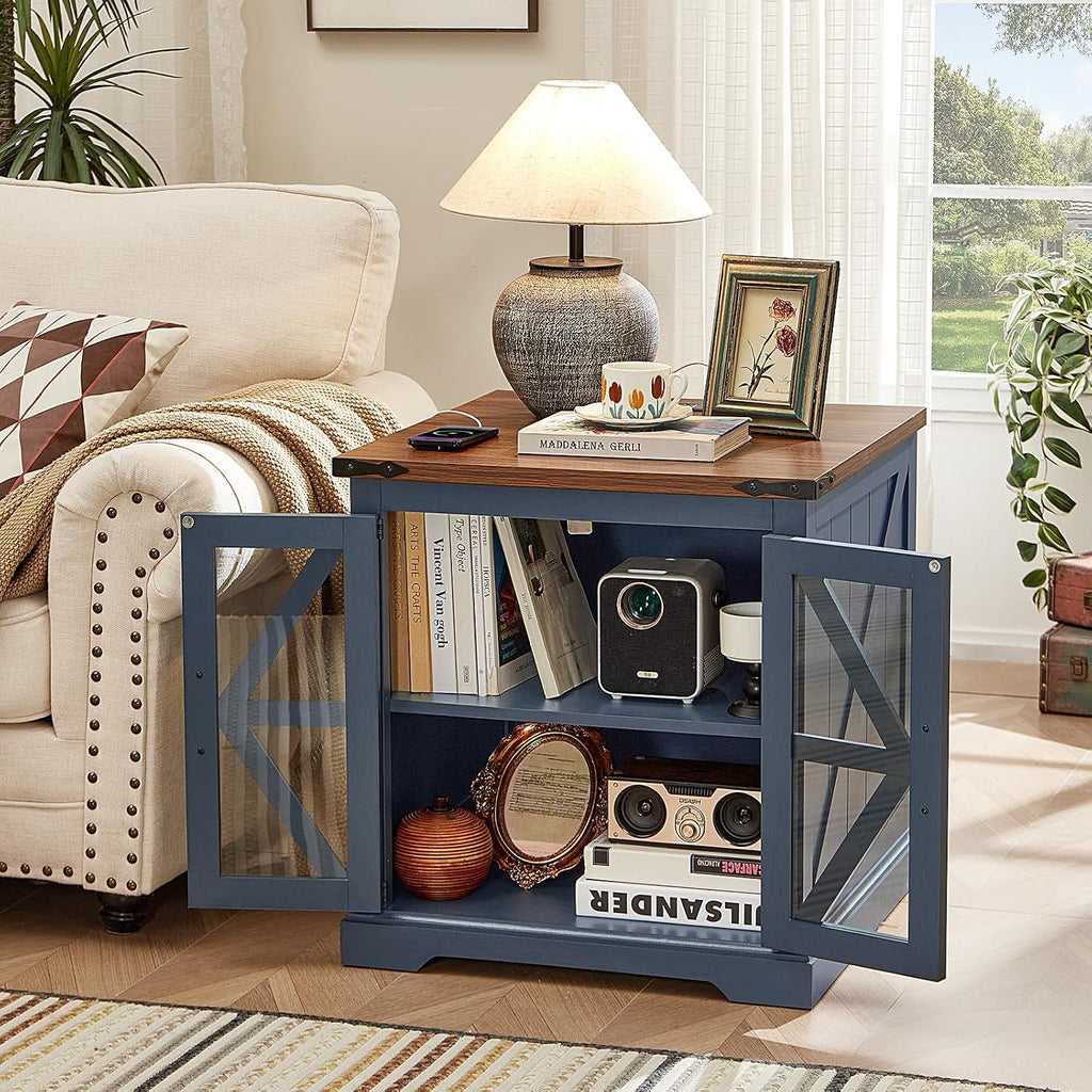 Joaxswe End Tables Living Room Set 3 with Charger Station, Farmhouse 18'' Narrow Night Stand and 24' Square Side Table with Glass Barn Door Storage, Wood Nightstand Bedside Tables for Bedroom Office