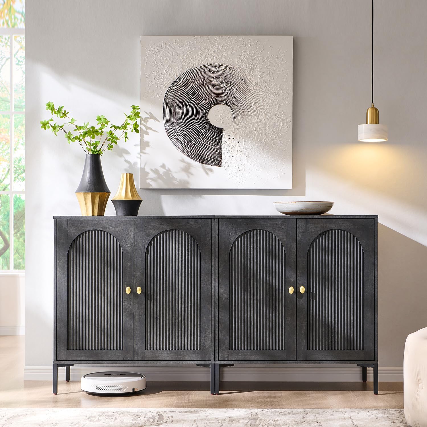 IFGET Modern Buffet Cabinet with Storage, 61.75' W Fluted Arched Sideboard Cabinet w/Adjustable Shelves, Wooden Modular Coffee Bar for Dining Room, Kitchen, Living Room, Entryway, Dark Grey