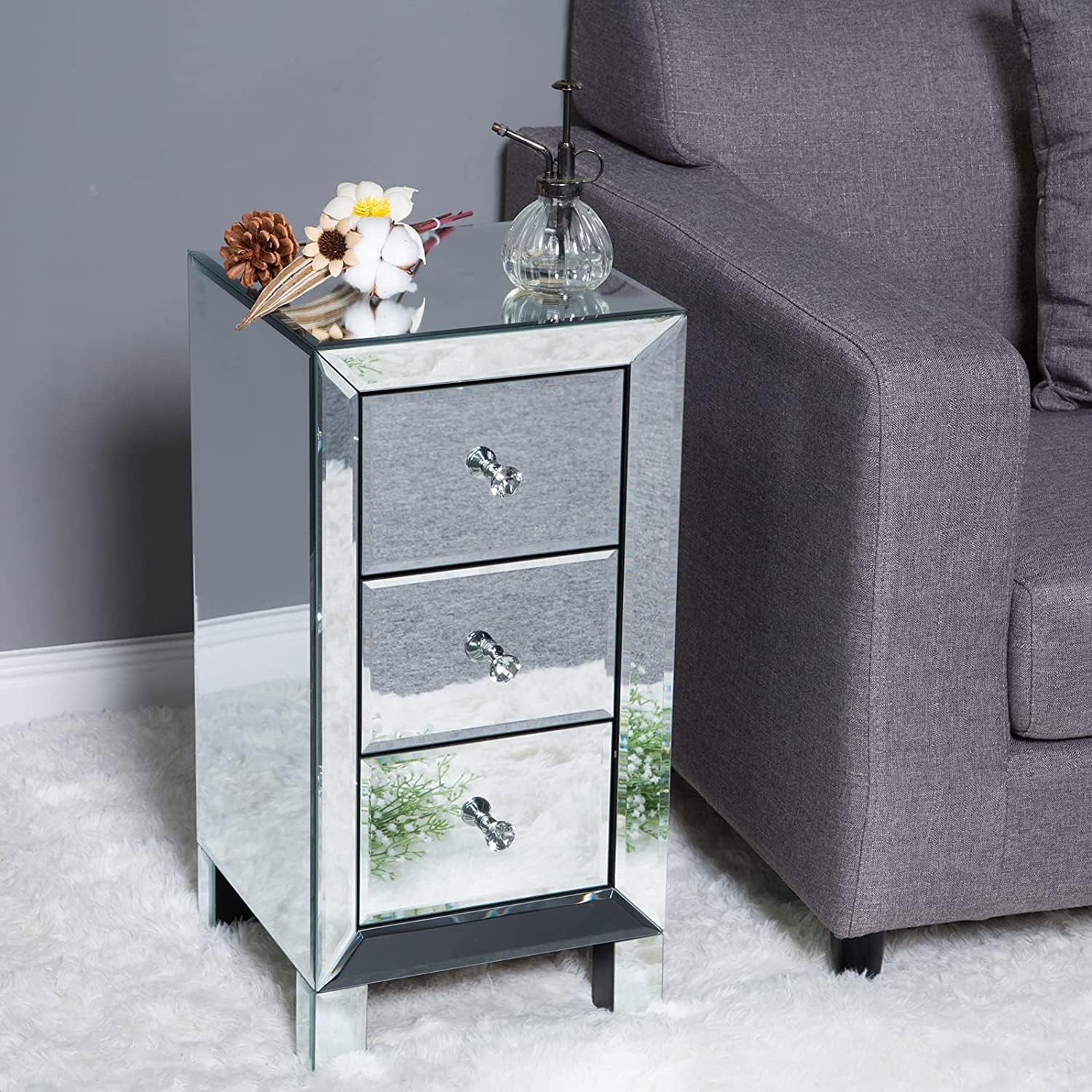 Bonnlo 3-Drawer Mirrored Nightstand Set of 2, End Table, Bedside Table, Glass Nightstand for Bedroom, Living Room, Silver, 11.7' L x 11.8' W x 23.8' H