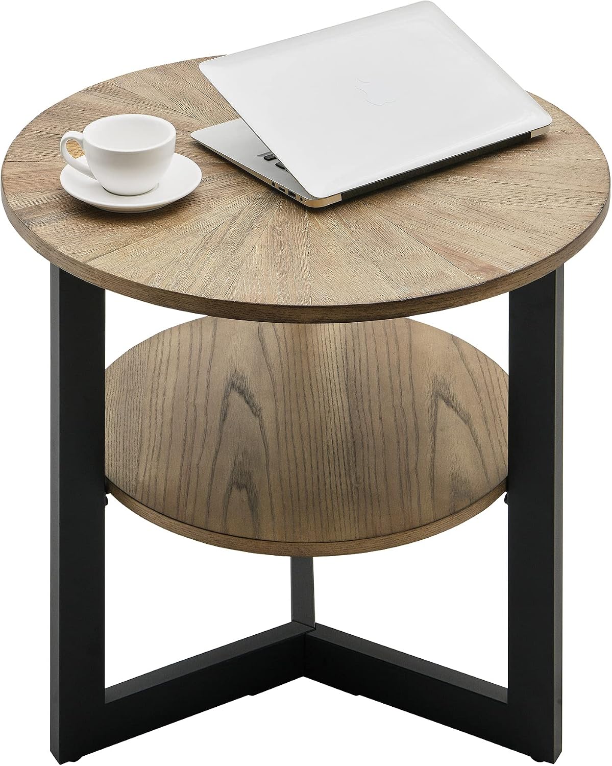 Round Large End Table with 2 tire Storage Shelf, 25.2' Solid Wood Sofa Side Table with Black Metal Frame, Beside Table for Living Room,Small Space Rustic Natural CJZ1338