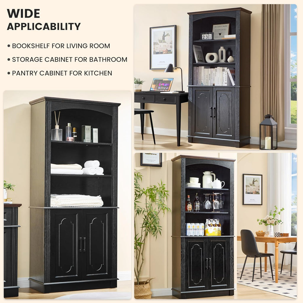 LIDYUK Black 5 Tier Book Shelf and Bookshelf with Storage Cabinet Doors, 72 Inch Tall Bookcase, Wooden Cube Storage Organizer, Bookshelf, Display Cabinet Furniture, Living Room, Pantry